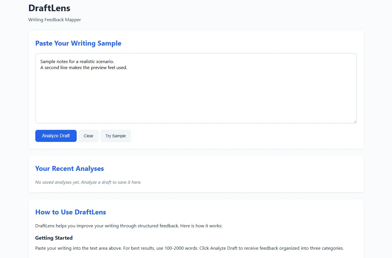 Screenshot of DraftLens: Writing Feedback Mapper interface showing the project page in use